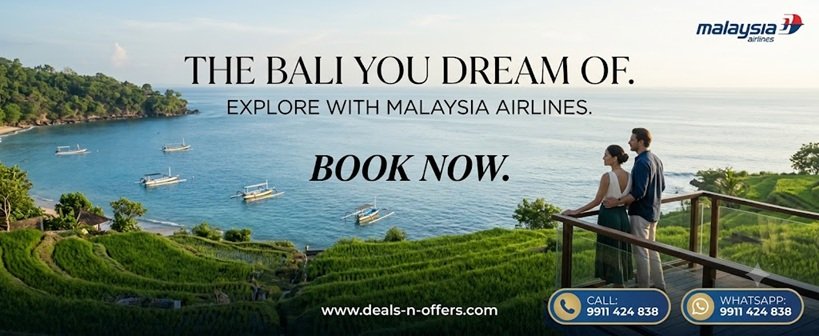 Luxury travel banner for Malaysia Airlines flight booking to Bali showing a couple on a scenic terrace overlooking tropical rice terraces and crystal-blue ocean waters.
